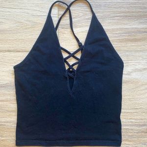 Black Tank Crop Top With Criss Cross Detailing